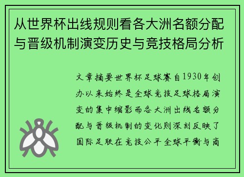 从世界杯出线规则看各大洲名额分配与晋级机制演变历史与竞技格局分析