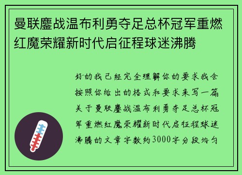曼联鏖战温布利勇夺足总杯冠军重燃红魔荣耀新时代启征程球迷沸腾